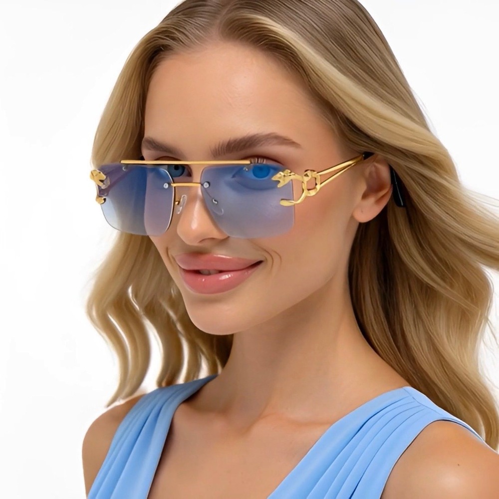 Women Luxury Sky Blue Tint Square Gold Frame Rimless Fashion Sunglasses Trendy